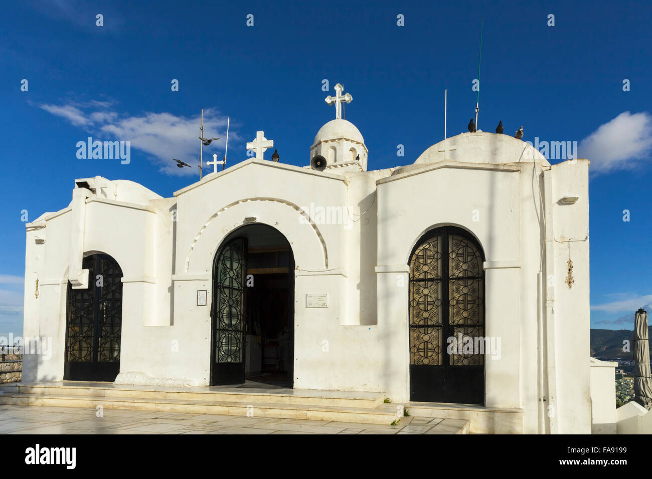 Das 19. Jahrhundert Kapelle St. George auf dem Gipfel Mount Lycabettus in Athen, Griechenland Stockfoto