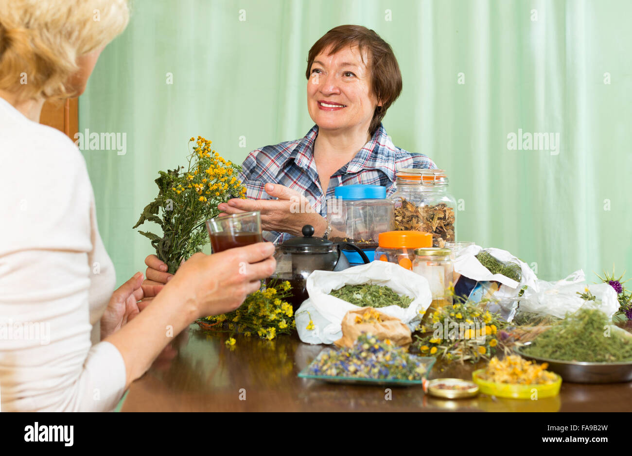 Reife Frau trinken Kräutertee mit ihrer Freundin und reden über seine Eigenschaften Stockfoto