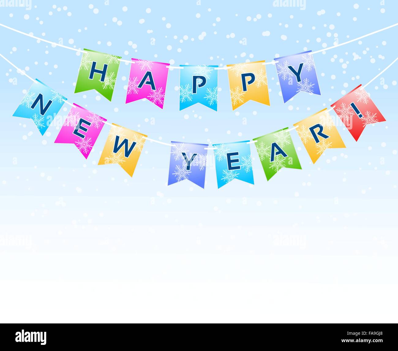 Girlande Dekoration mit Happy New Year Worte und Schneeflocken auf blauen Himmel. Vektor Stock Vektor