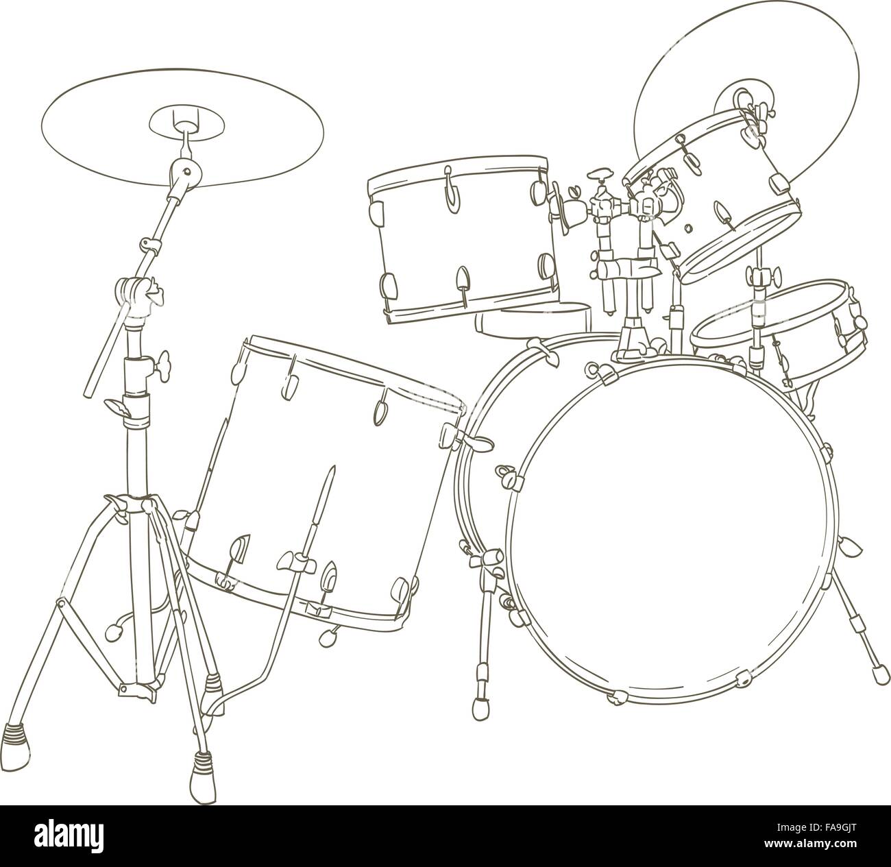 Drum Set Zeichnung auf weiß. Vektor Stock Vektor
