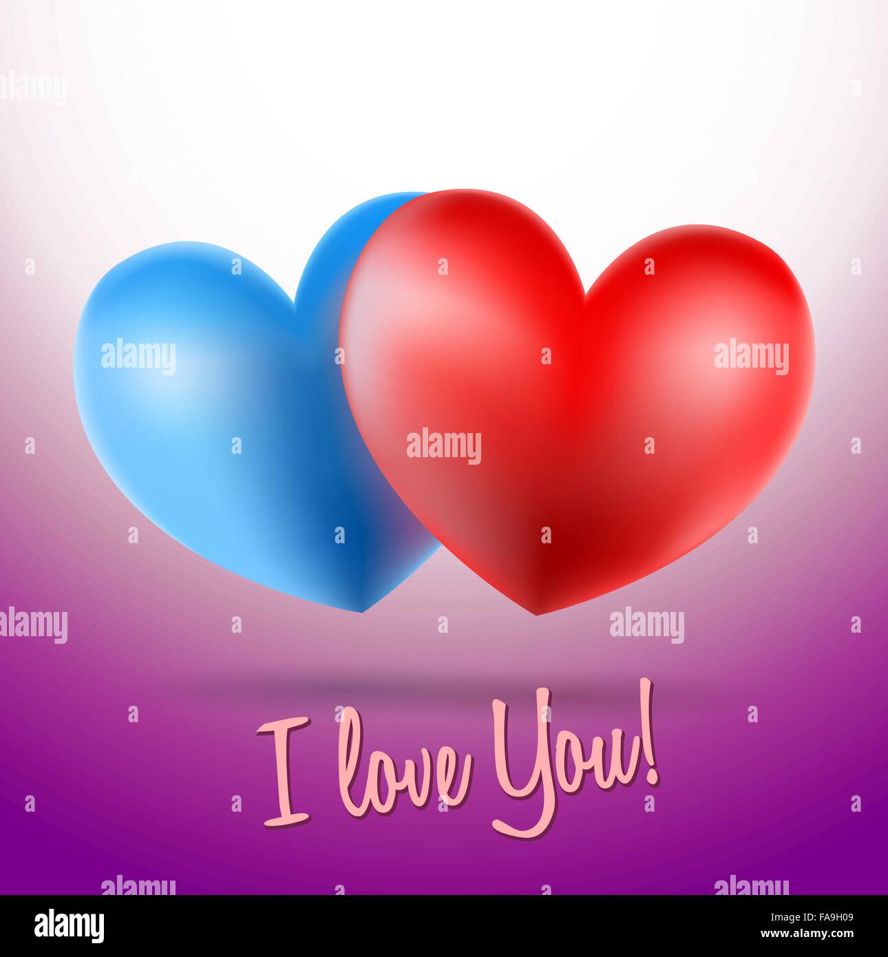 blaues und rotes Herz Symbole auf violettem Hintergrund und ich liebe dich Worte Stock Vektor