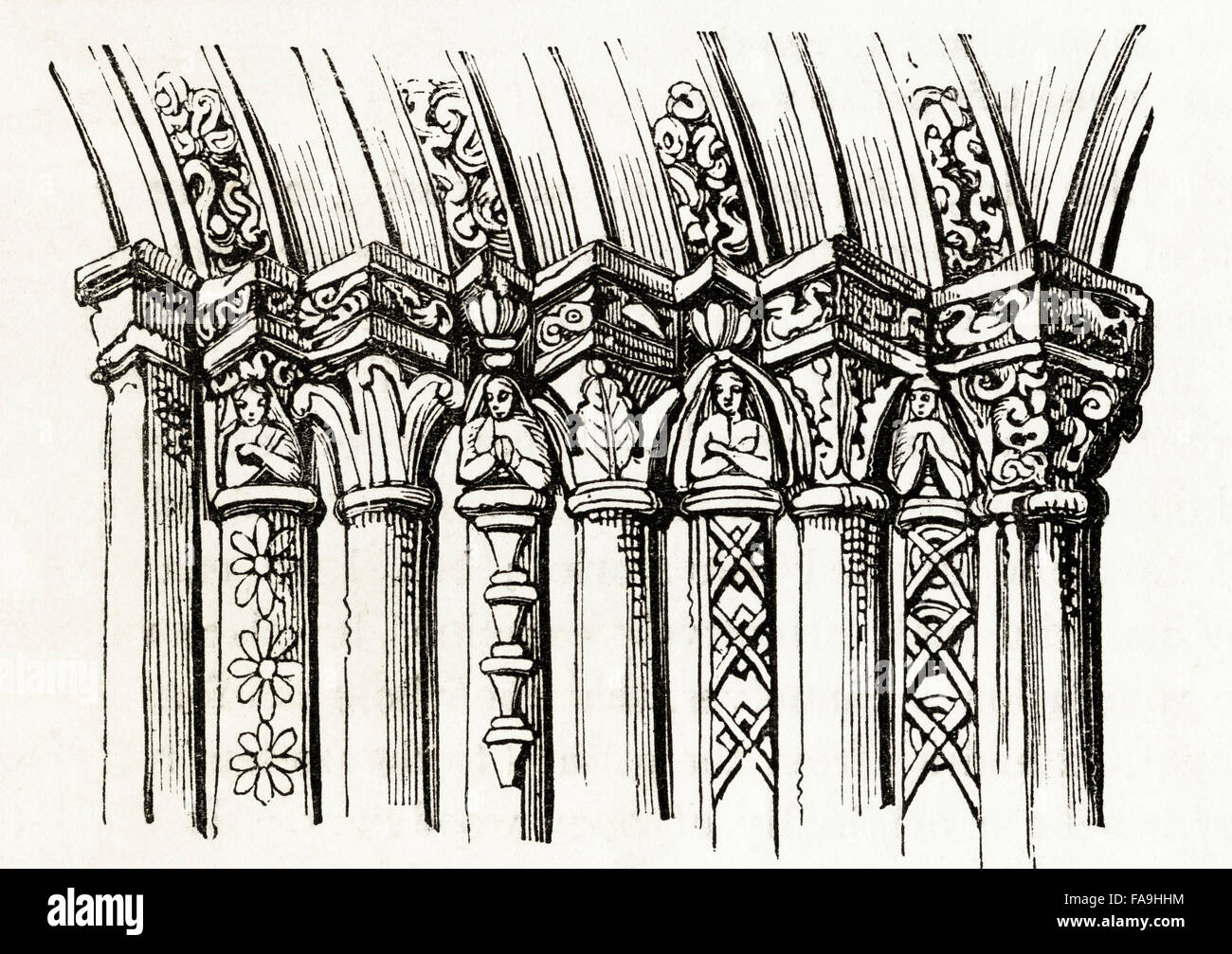 Dekoratives Detail auf Veranda der Temple Church London im Jahre 1185 geweiht. Viktorianischen Holzschnitt, Kupferstich, ca. 1845. Stockfoto
