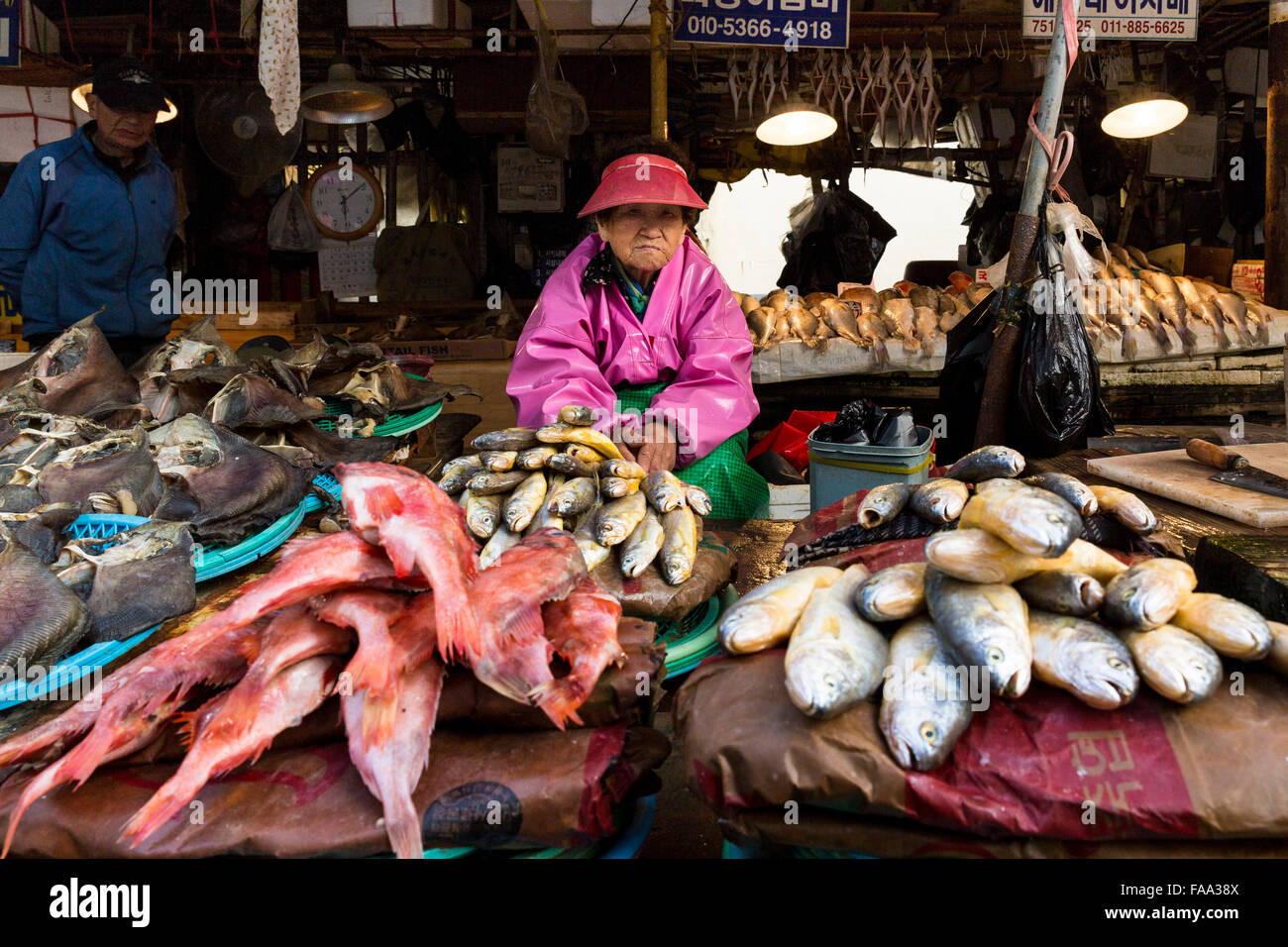 Frau verkaufen Fisch am Jagalchi Fischmarkt, Jagalchihaean-Ro, Jung-gu, Busan, Südkorea Stockfoto