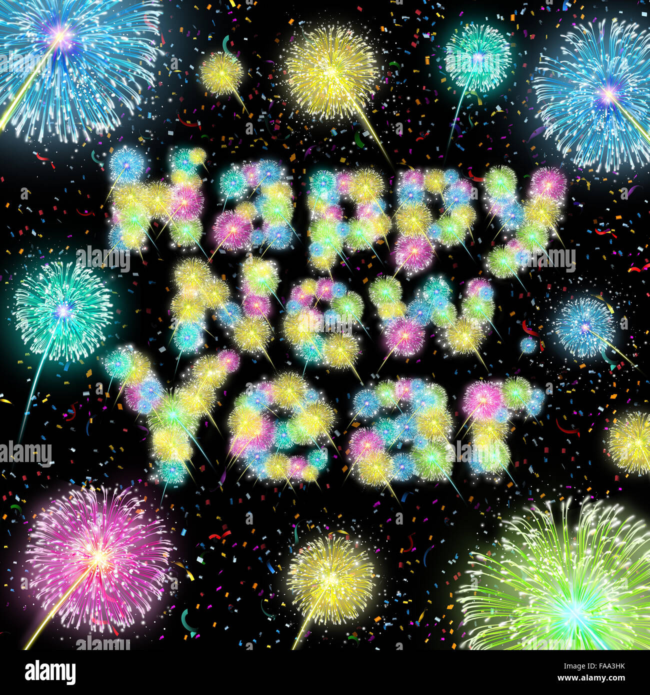 Frohes neues Jahr Feier Text als ein Urlaub-Symbol für den ersten Tag des Jahres Zukunft Freude und Erfolg mit Ausbrüchen von Feuerwerk mit einer Beleuchtung-Licht-Show am Nachthimmel mit festlichen Konfetti gemacht. Stockfoto