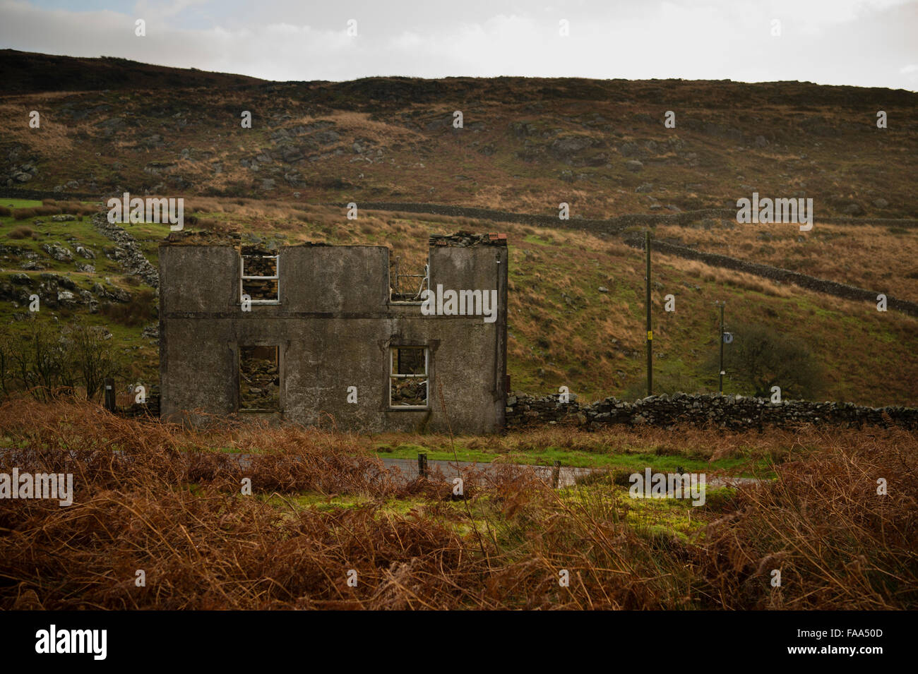 Die entstelltes einem verlassenen und verfallenen Haus, in einem abgelegenen Tal in Gwynedd, Wales UK Stockfoto