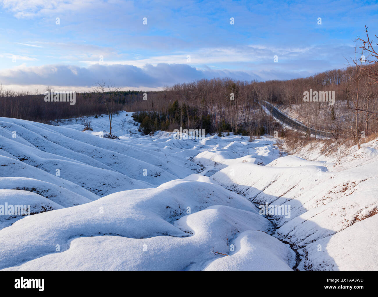 Ein Abbild der Neuschnee in Cheltenham Badlands. Caledon, Peel Region, Ontario, Kanada. Stockfoto