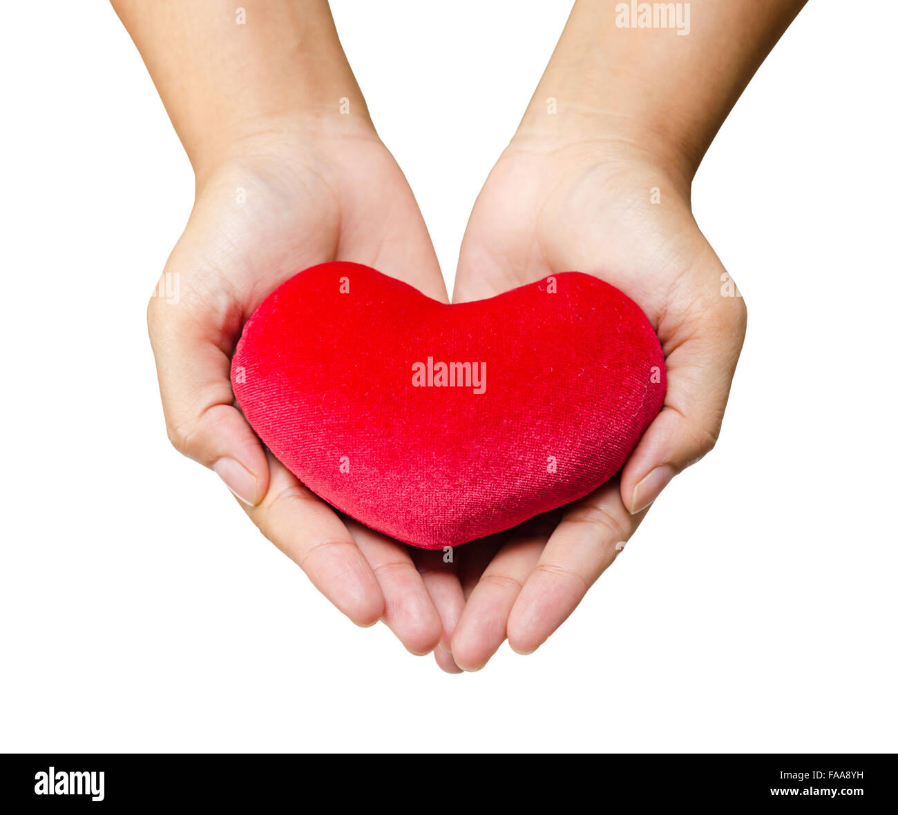 Rotes Herz in der Hand der Frauen isoliert auf weißem Hintergrund speichern Clipping-Pfad. Stockfoto