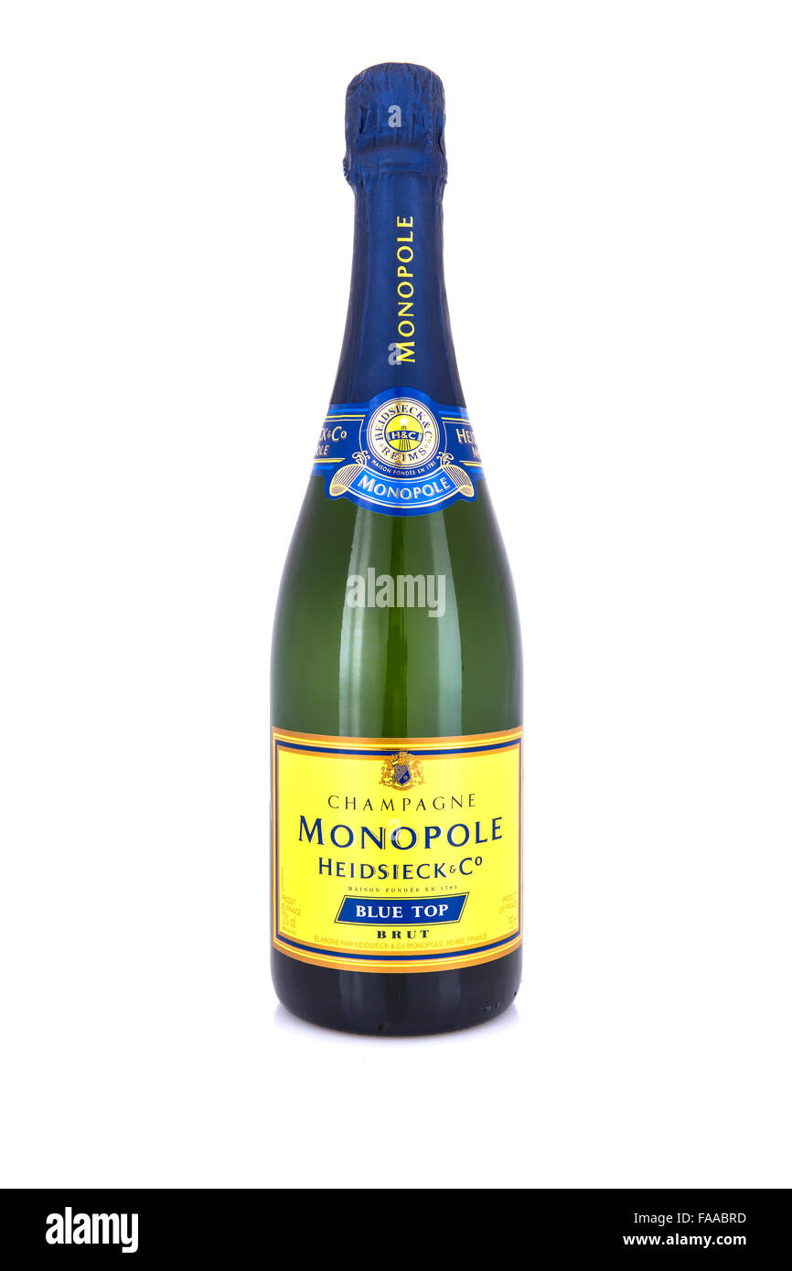 Flasche Heidsieck Blue Top Champagner auf weißem Hintergrund Stockfoto