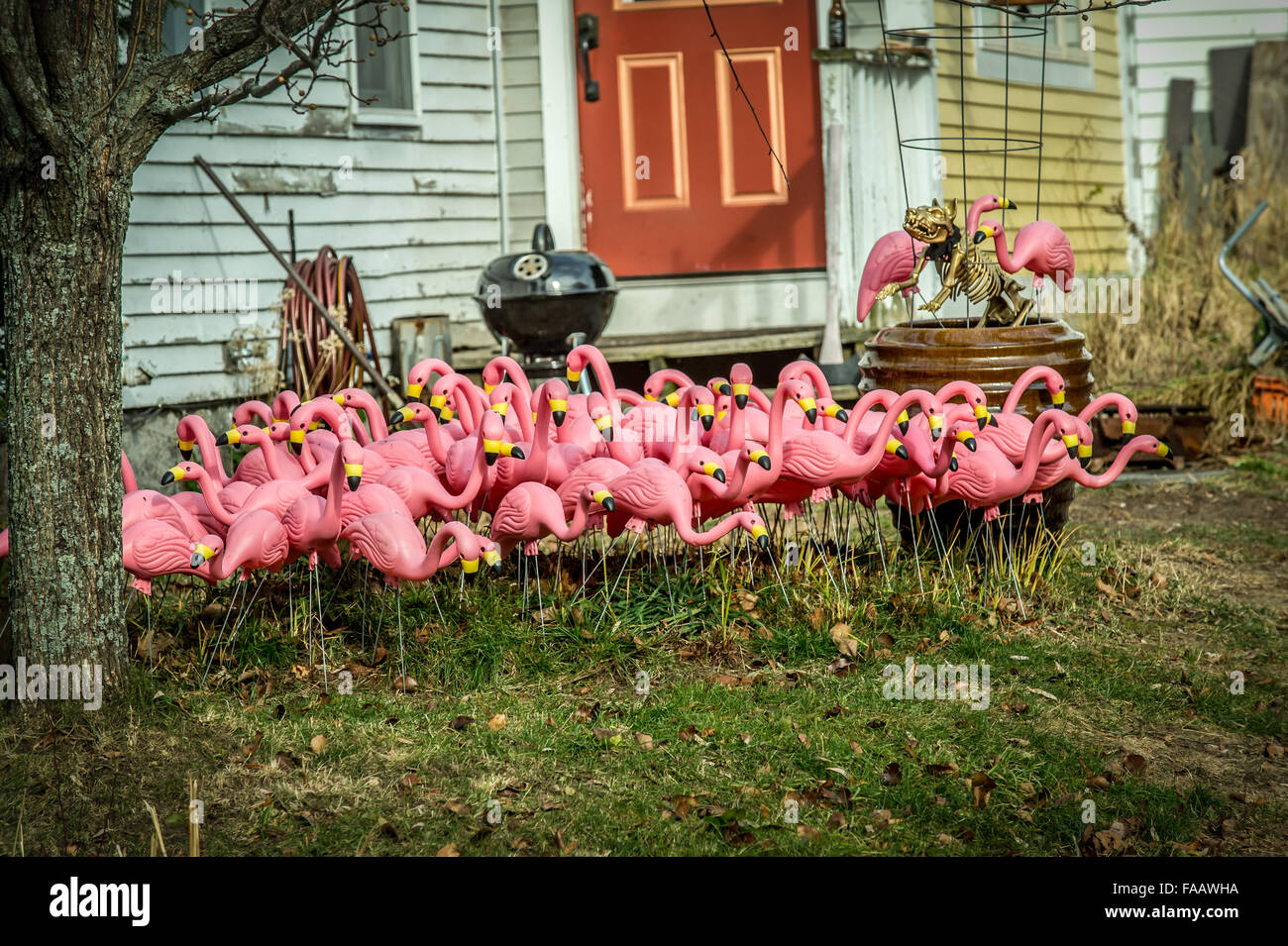 Diese Plastik Flamingos, den Grill, was von einigen animal.and dieser Gruppe Kunststoff Flamingos links scheint wie eine Familie Koch Stockfoto