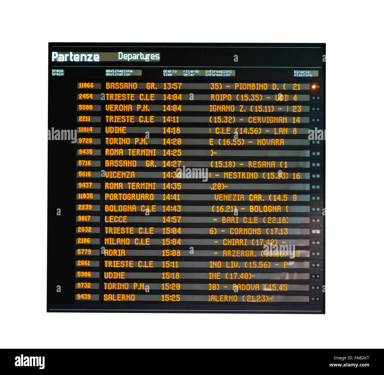 Venedig-Bahnhof-Zeitplan auf weißem Hintergrund Stockfoto