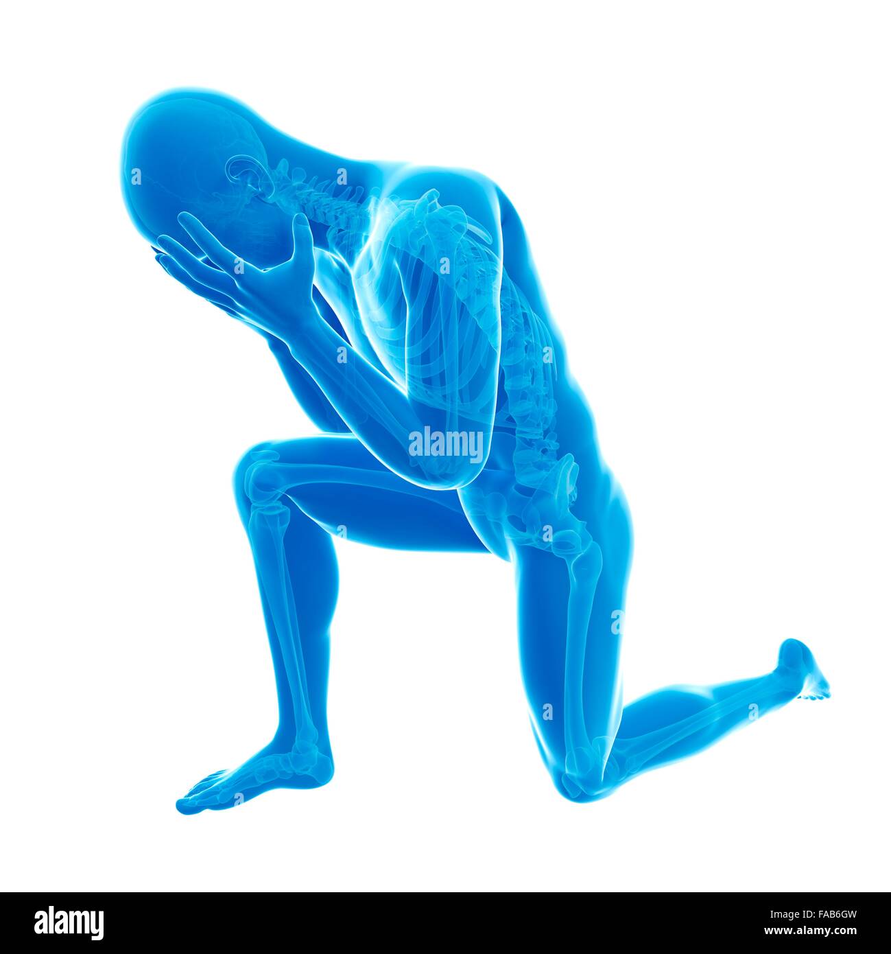 Person Knien mit dem Kopf in in ihren Händen, Computer Bild. Stockfoto