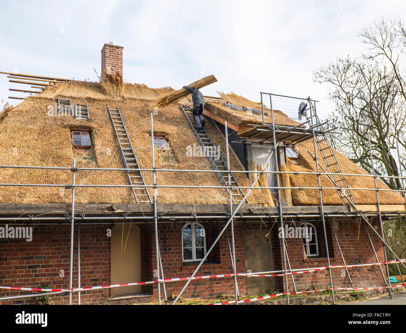 Thatchers bei der Arbeit wiederherstellen das Strohdach eines alten Bauernhauses. Stockfoto