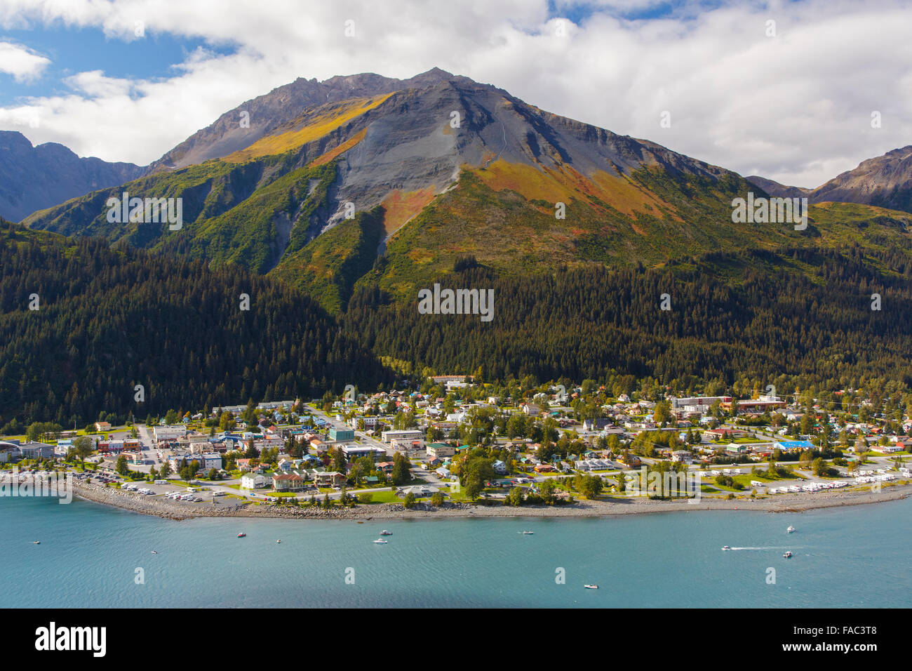 Luftbild der Resurrection Bay, Seward, Alaska. Stockfoto