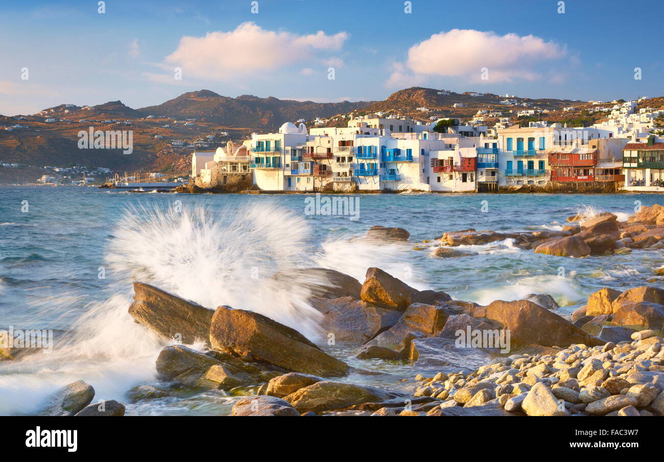 Mykonos-Altstadt, klein-Venedig im Hintergrund, Insel Mykonos, Griechenland Stockfoto