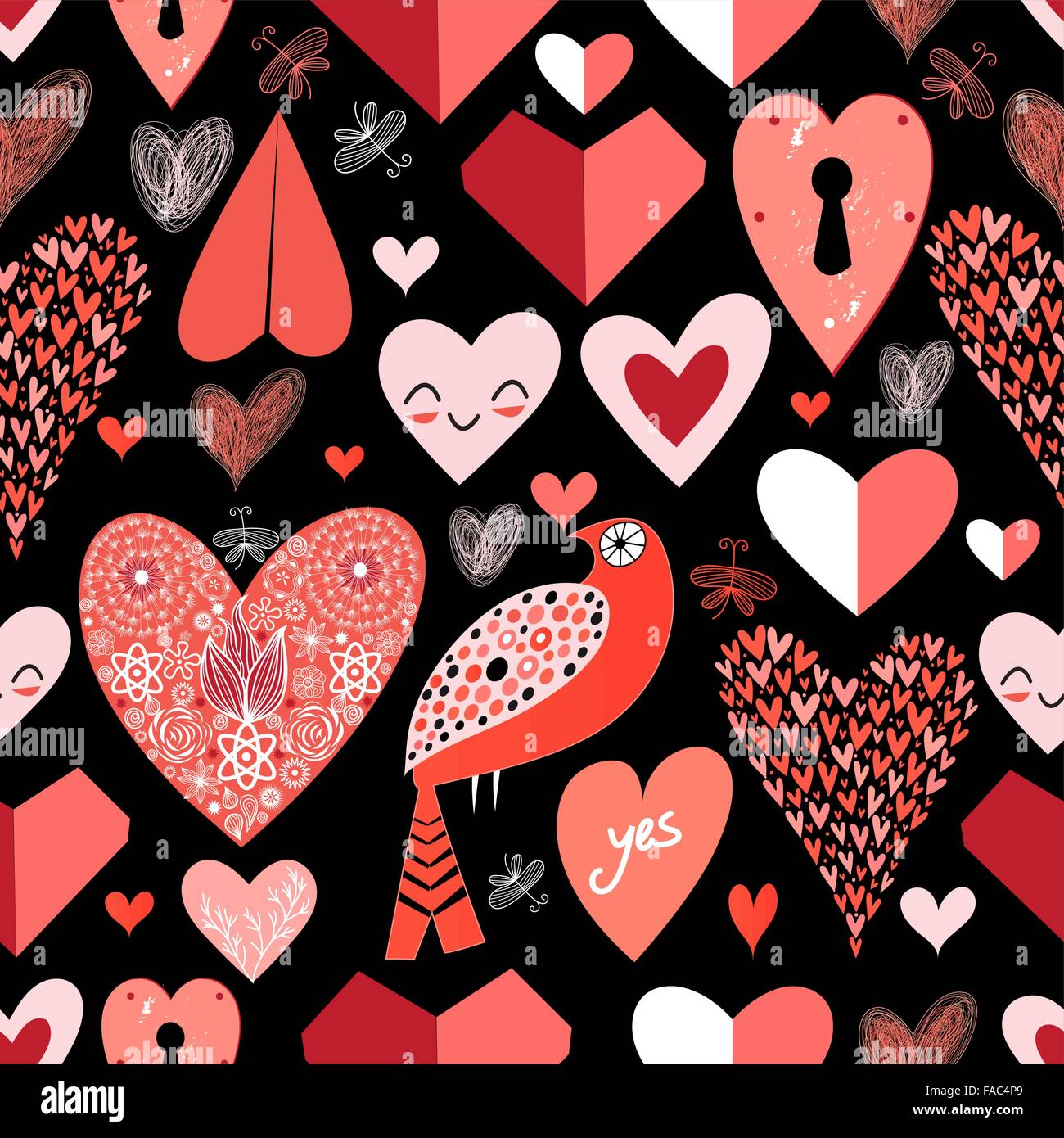 nahtlose Muster der leuchtend roten Herzen auf schwarzem Hintergrund Stock Vektor