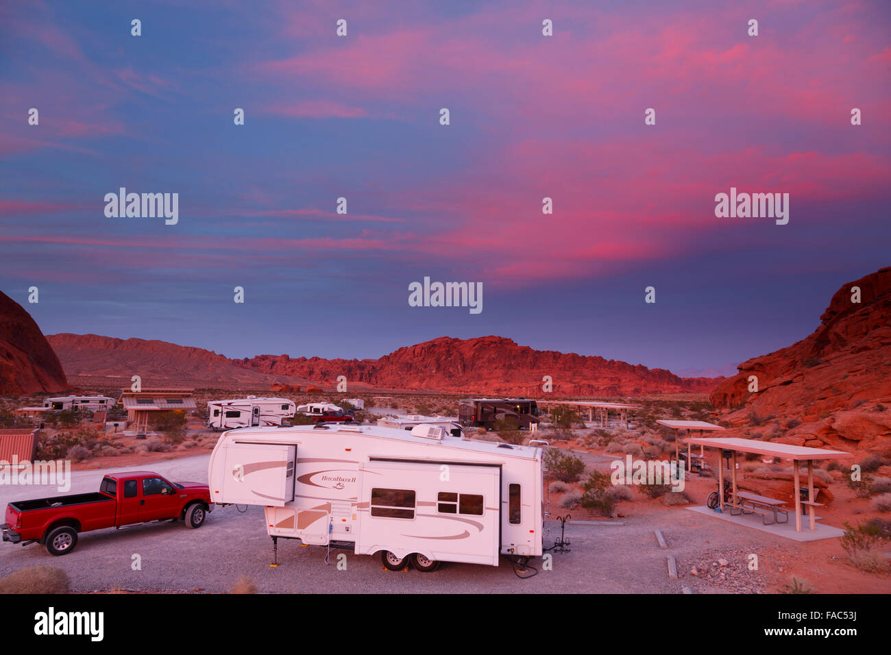 Atlatl Campingplatz, Valley of Fire State Park in der Nähe von Las Vegas, Nevada. Stockfoto