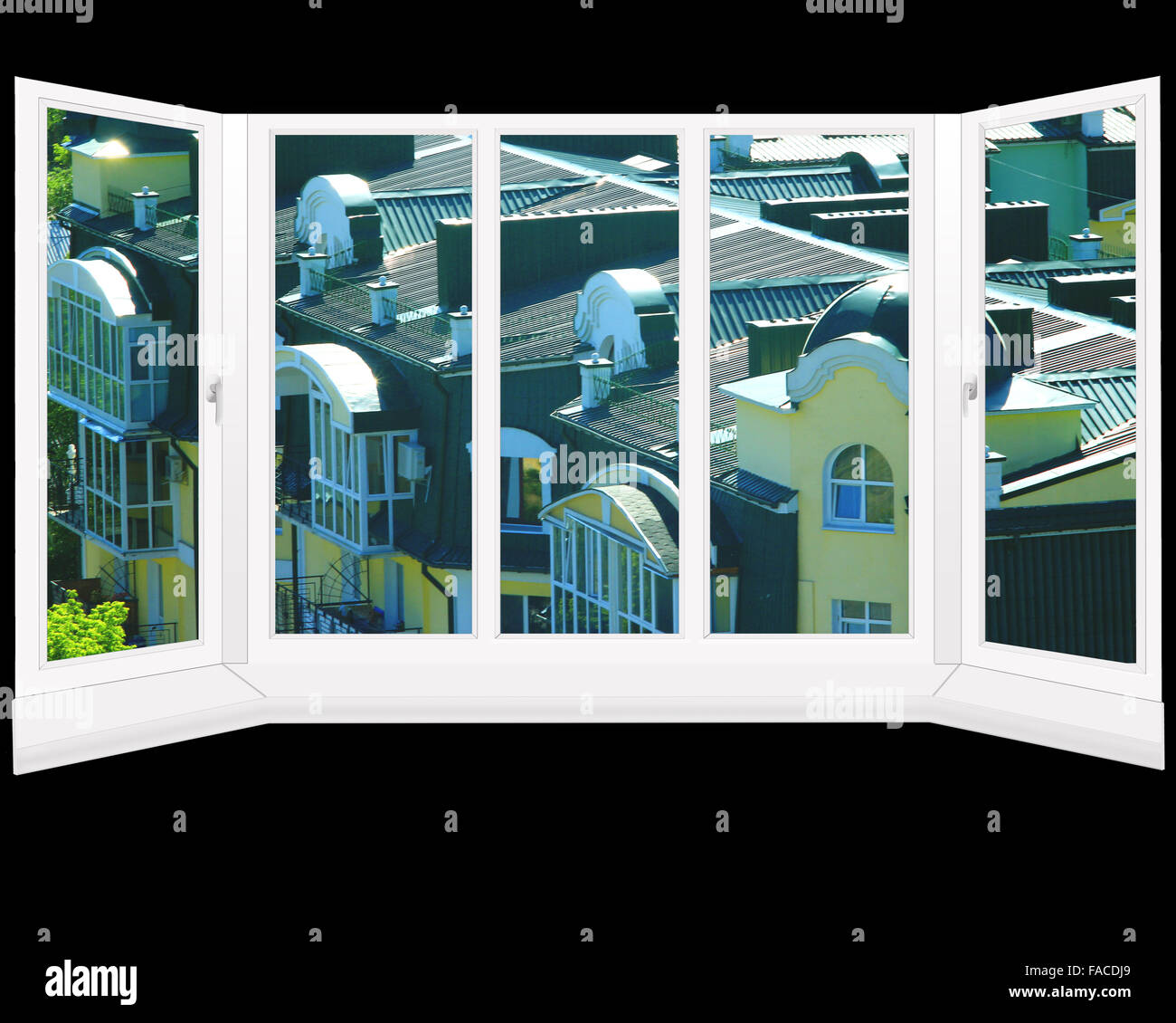 Kunststoff-Fenster mit Blick auf die moderne mehrstöckige Häuser Stockfoto