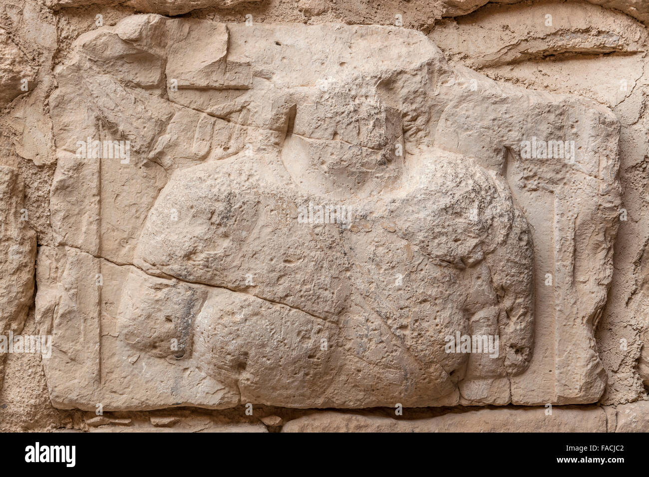 Geschnitzte Relief einer Figur, Karak Schloß, Jordanien Stockfoto