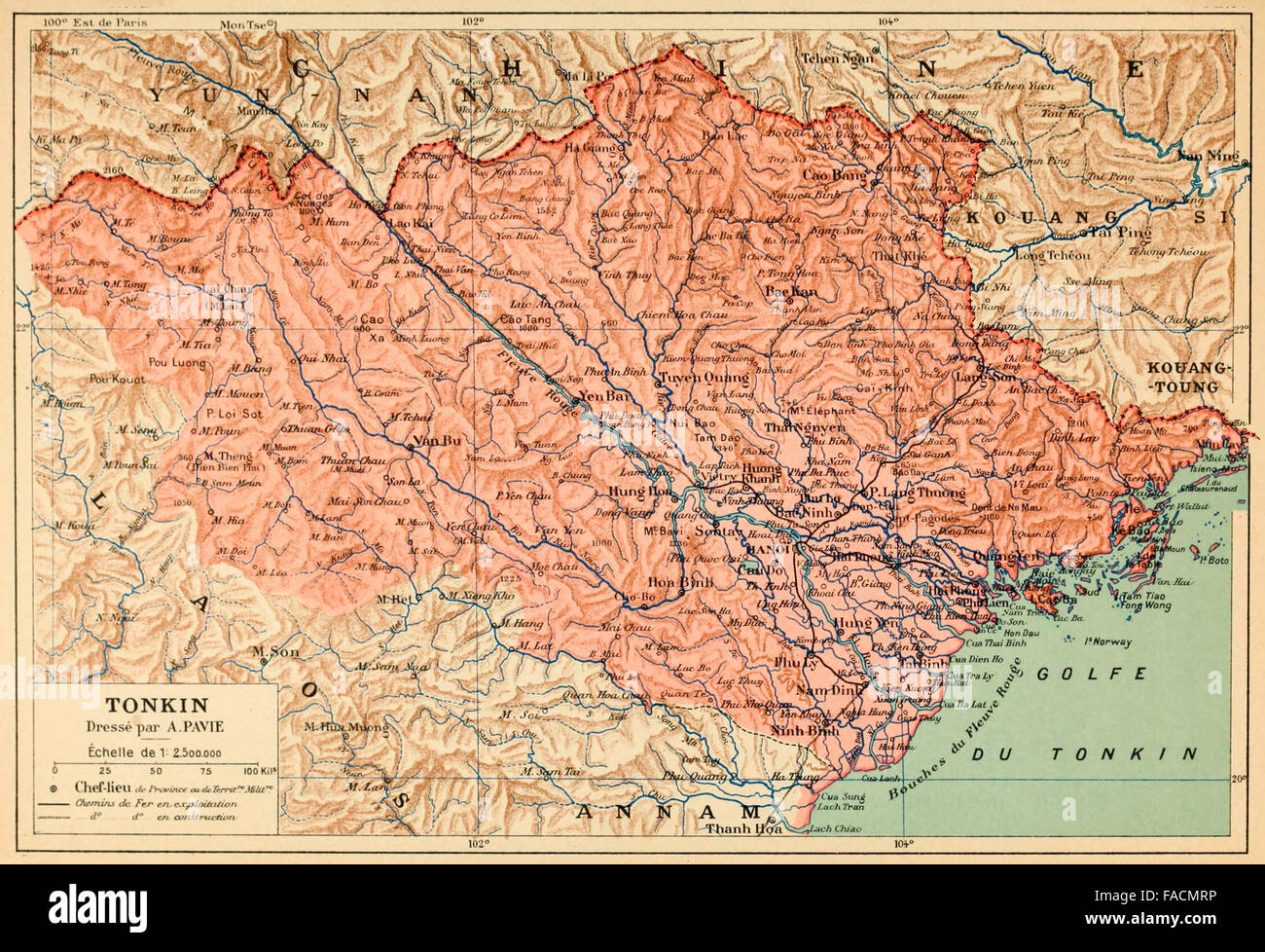 Karte der französischen Kolonie von Tonkin, Französisch-Indochina, um 1890 - Tonkin war der nördlichste Teil von Vietnam und Hanoi Stockfoto