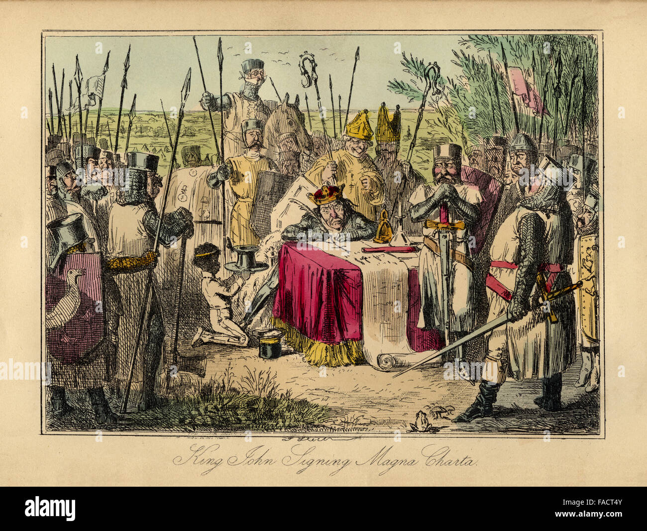 Hand farbige Comic Illustration von 1846 Darstellung König John Juni 1215 die Magna Carta in Runnymede anmelden Stockfoto