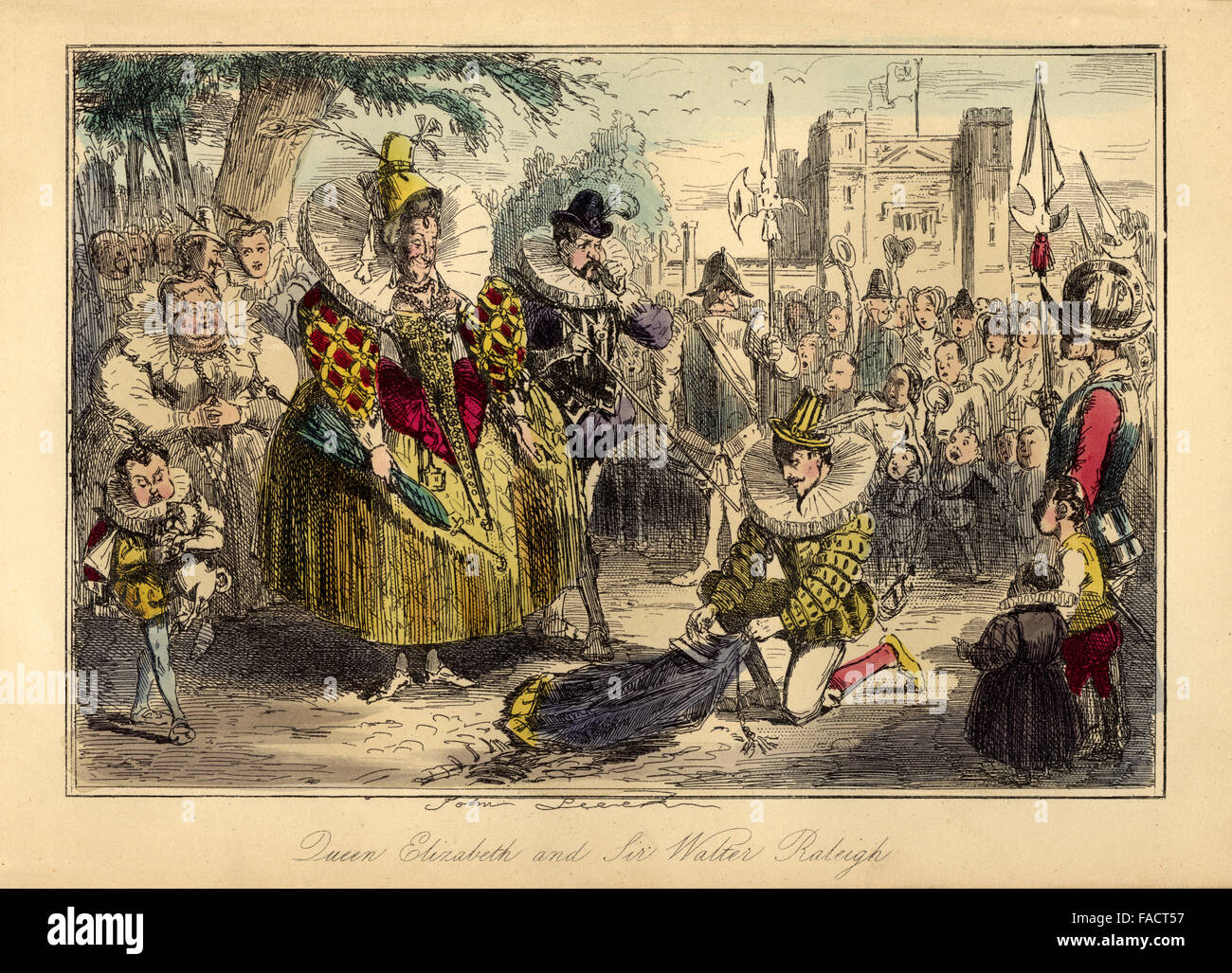 Hand-farbige Comic Illustration von 1846 abbildenden Sir Walter Raleigh Festlegung von seinem Umhang für Elizabeth ich Stockfoto