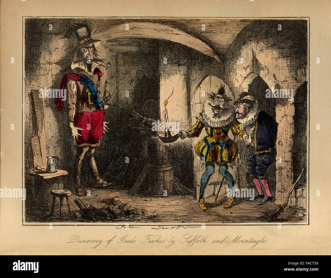 Hand farbige Comic Illustration von 1846 Darstellung der Entdeckung von Guy Fawkes in den Kellern der Häuser des Parlaments im Jahr 1605. Stockfoto
