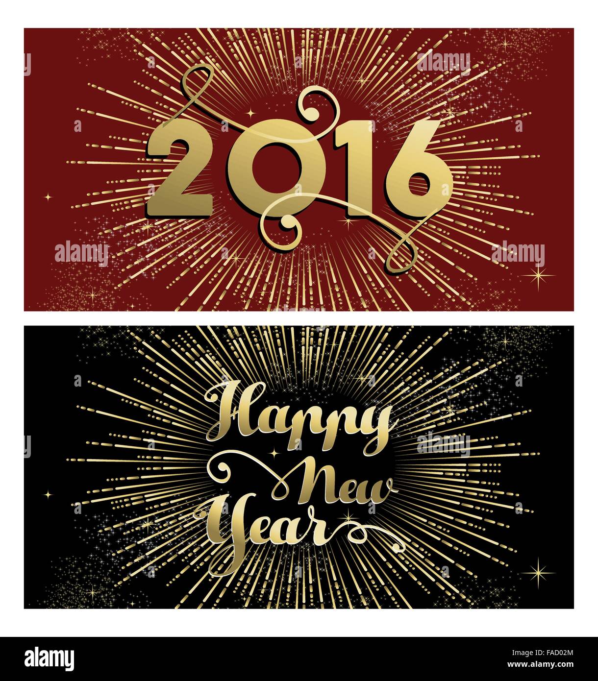 Glückliches neues Jahr 2016 Banner Grußkarte set mit gold Text und Feuerwerk Explosion. EPS10 Vektor. Stock Vektor