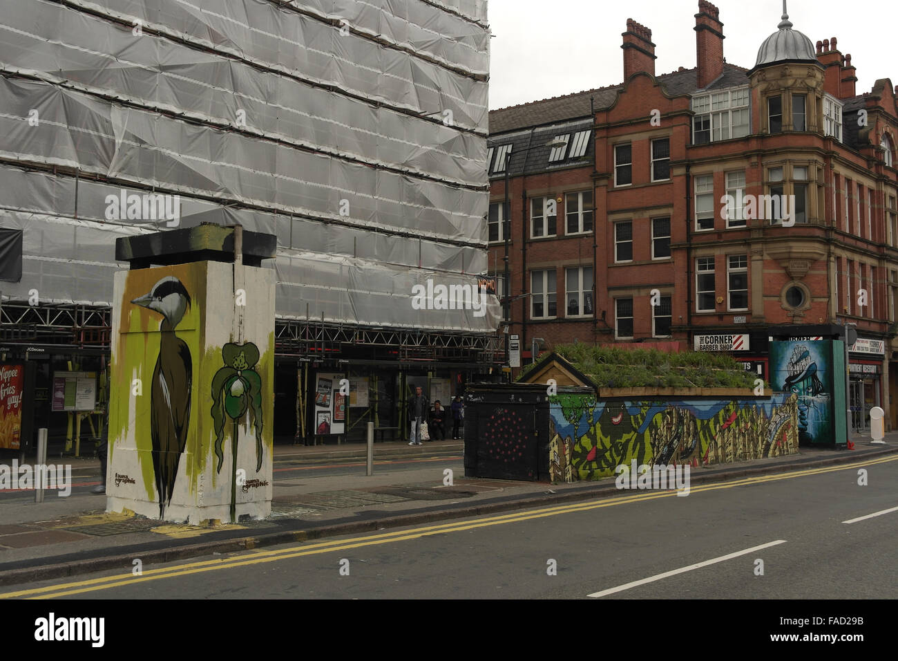 Blick auf Spear Street Faunagraphic Reiher, Oliver Smith ' Mo 53' Wandbild, SLM "Wilde Frau Insel", Stevenson Square, Manchester Stockfoto