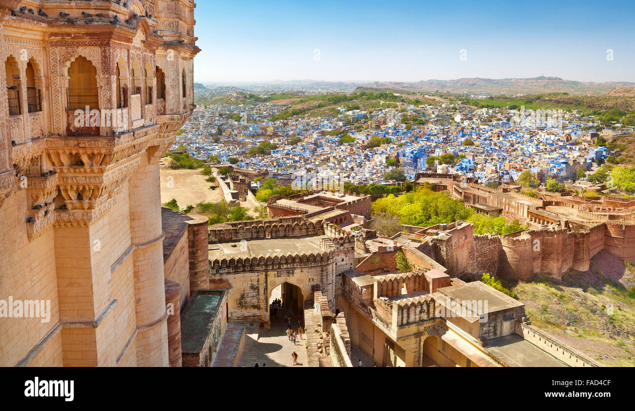 Luftbild vom Mehrangarh Fort in Jodhpur, die blaue Stadt von Rajasthan, Indien Stockfoto