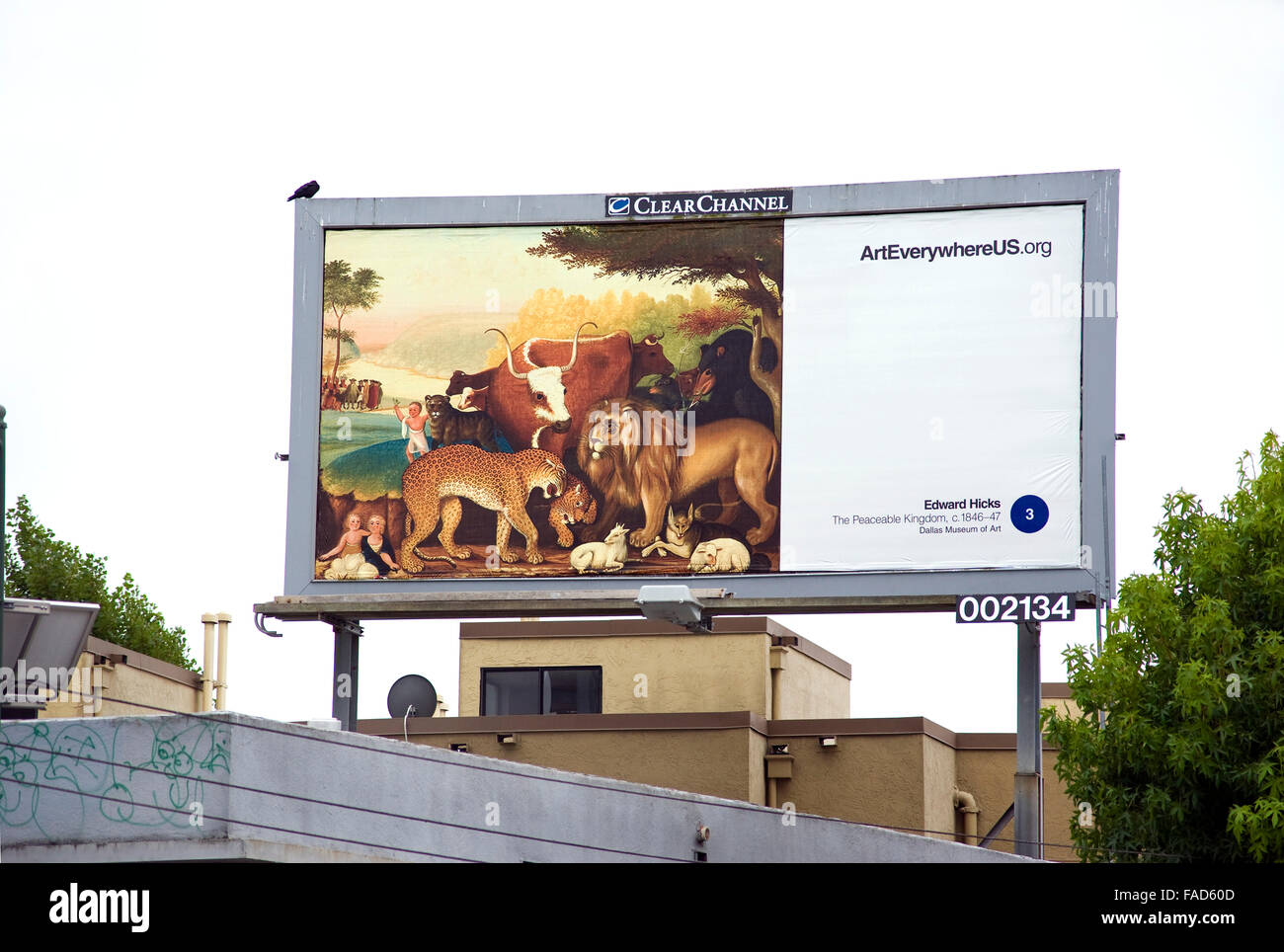 Eine Gemälde von Edward Hicks erscheint auf einer Außenwerbung Plakatwand in Oakland, Kalifornien während der Veranstaltung Kunst überall. Stockfoto