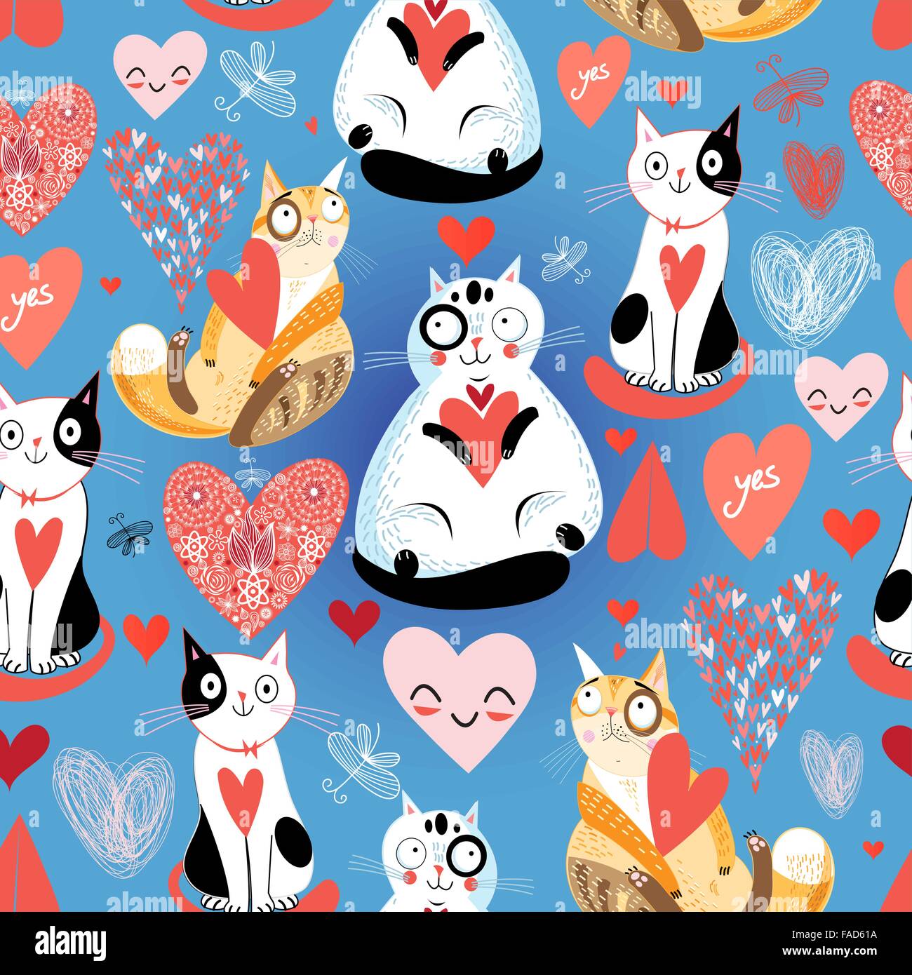 Hellen Musterdesign mit Katzen Liebhaber und Herzen auf blauem Hintergrund Stock Vektor