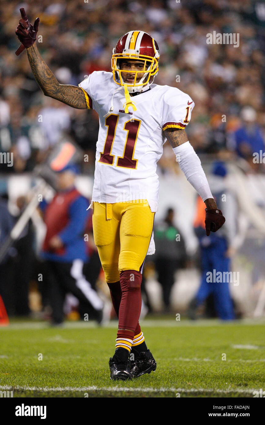 26. Dezember 2015: Washington Redskins Wide Receiver DeSean Jackson (11) reagiert während der NFL-Spiel zwischen den Washington Redskins und die Philadelphia Eagles am Lincoln Financial Field in Philadelphia, Pennsylvania. Die Washington Redskins gewann 38-24 der NFC East zu gewinnen. Christopher Szagola/CSM Stockfoto