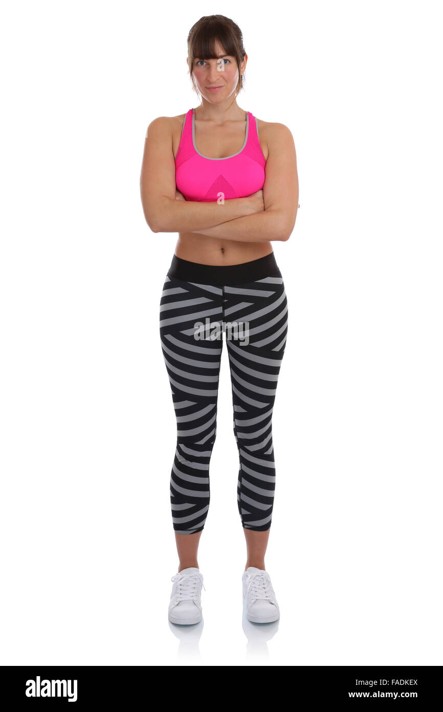 Junge Fitness Sport Frau Training stehen passen schlanke Ganzkörper isoliert auf weißem Hintergrund Stockfoto