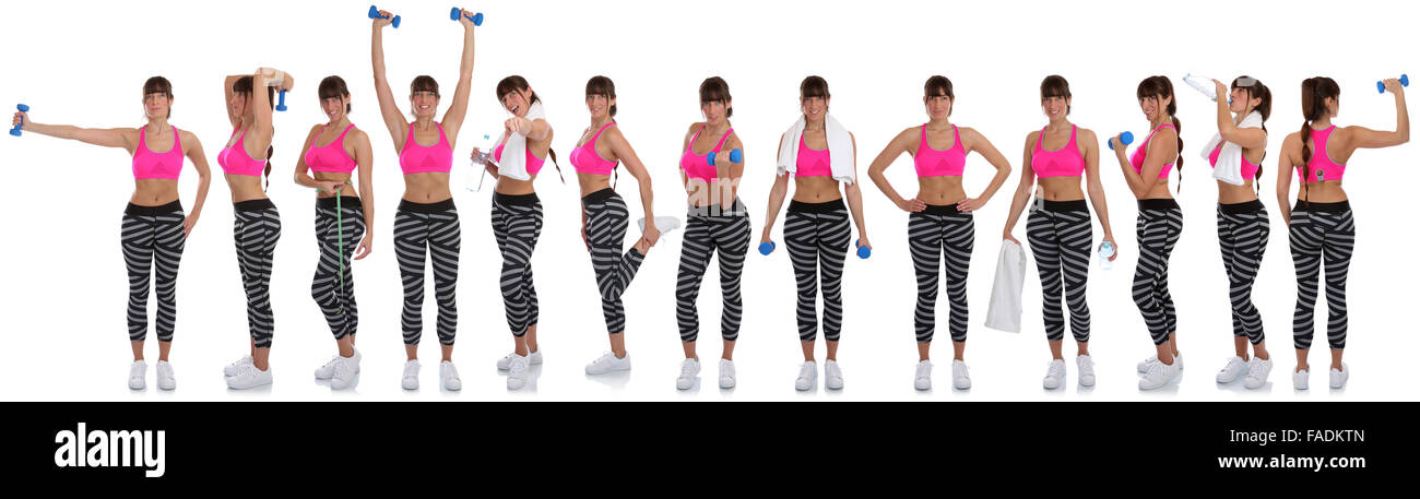 Sammlung von Fitness-Frau Sport Training training mit Hanteln Ganzkörper isoliert auf weißem Hintergrund Stockfoto
