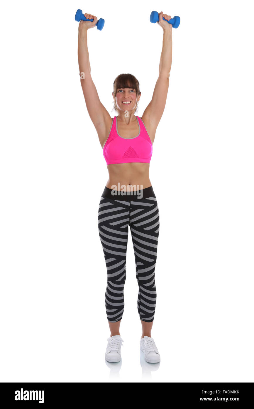Fitness-Training-Frau beim Sport mit Hanteln Übung Ganzkörper isoliert auf weißem Hintergrund Stockfoto