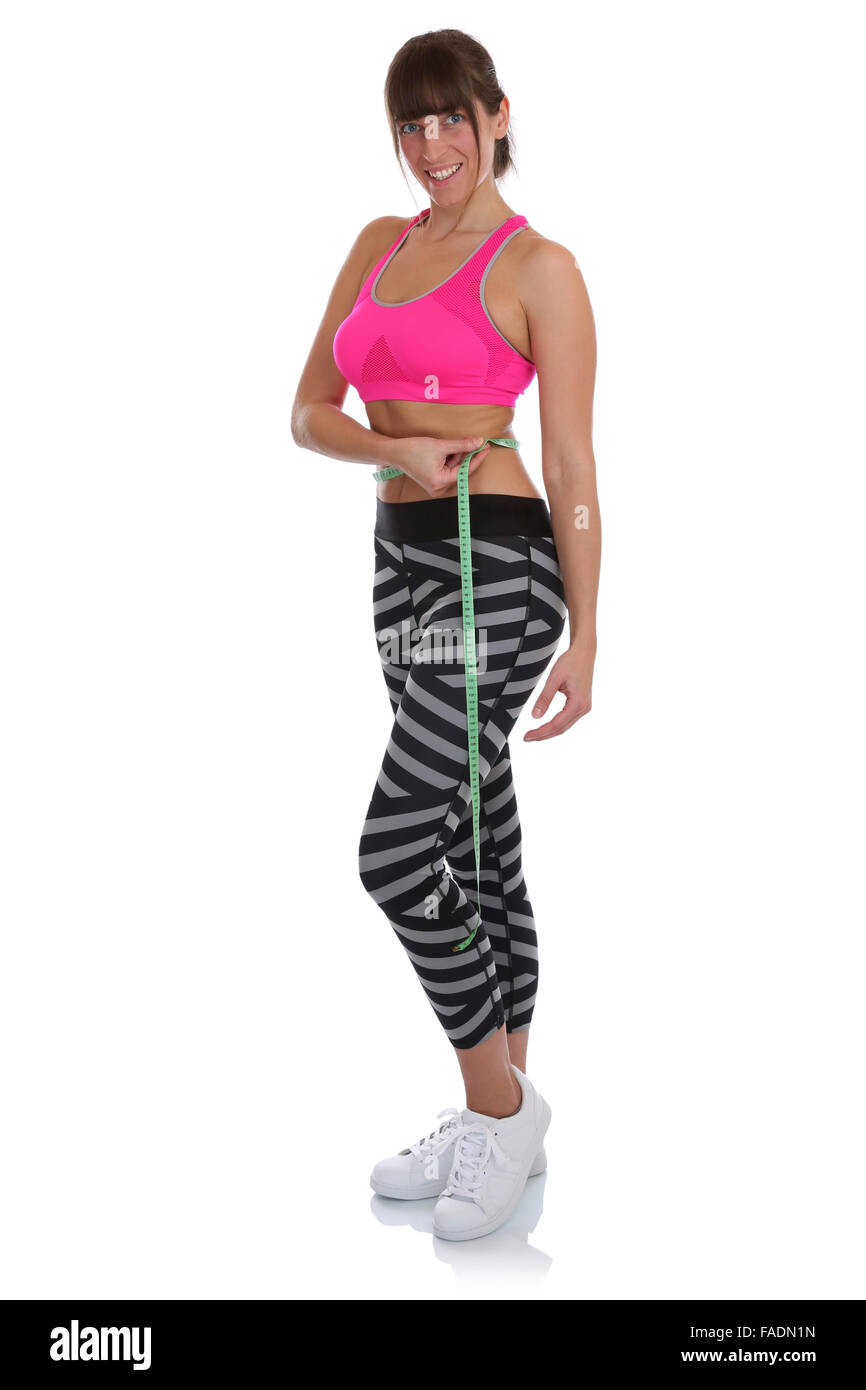 Diät schlank abnehmen Fitness Sport junge Frau messen Taille isoliert auf einem weißen Hintergrund passen Stockfoto