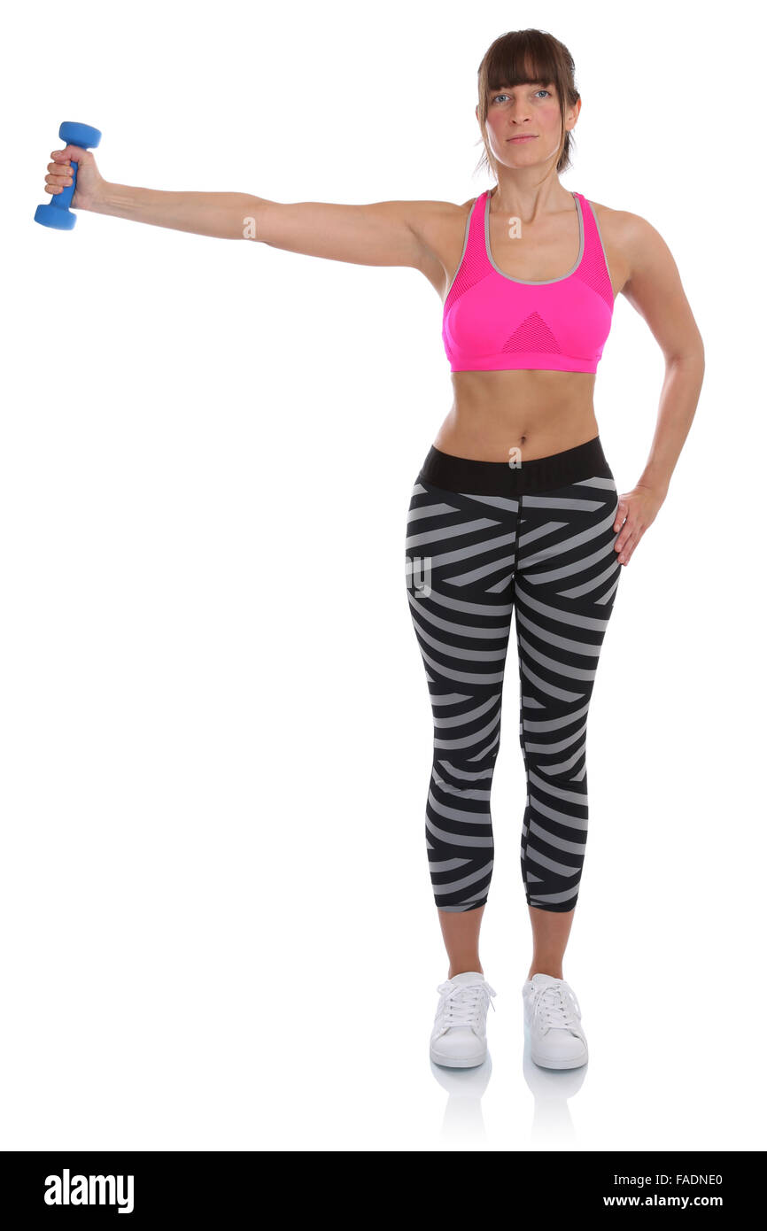 Sport Fitness Training junge Frau Holding Hantel training Übung Ganzkörper isoliert auf weißem Hintergrund Stockfoto