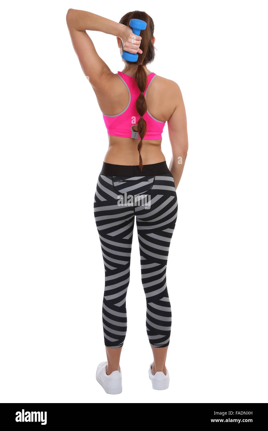 Frau am Sport Training Training Rücken Schulter Trizeps mit Hantel Ganzkörper isoliert auf weißem Hintergrund Stockfoto