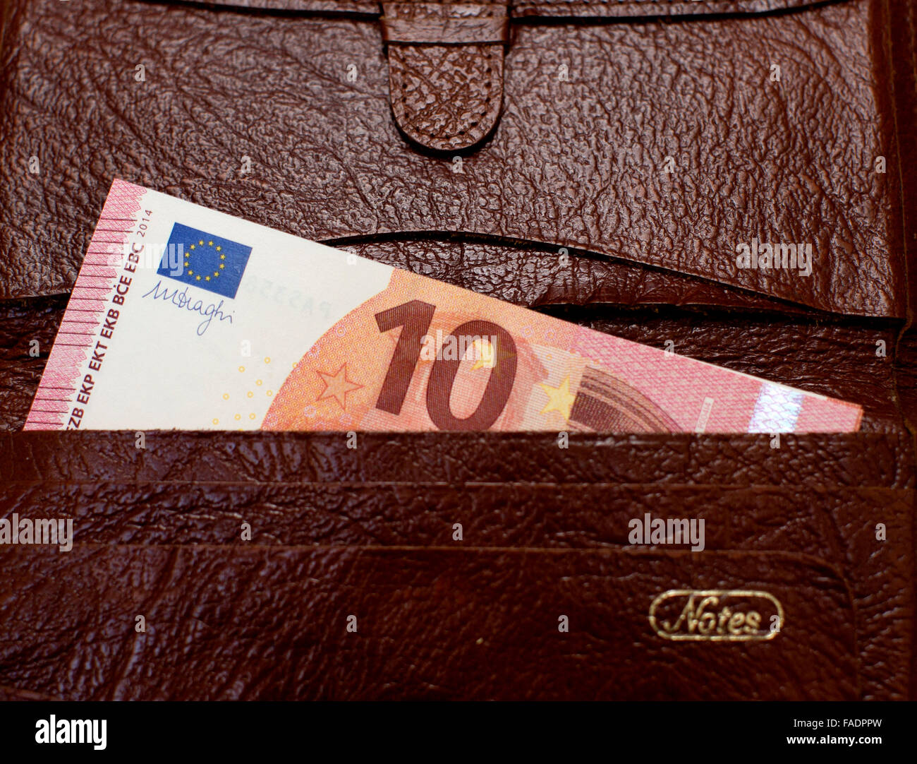 10 Euro-Banknote in Leder Brieftasche, London Stockfoto