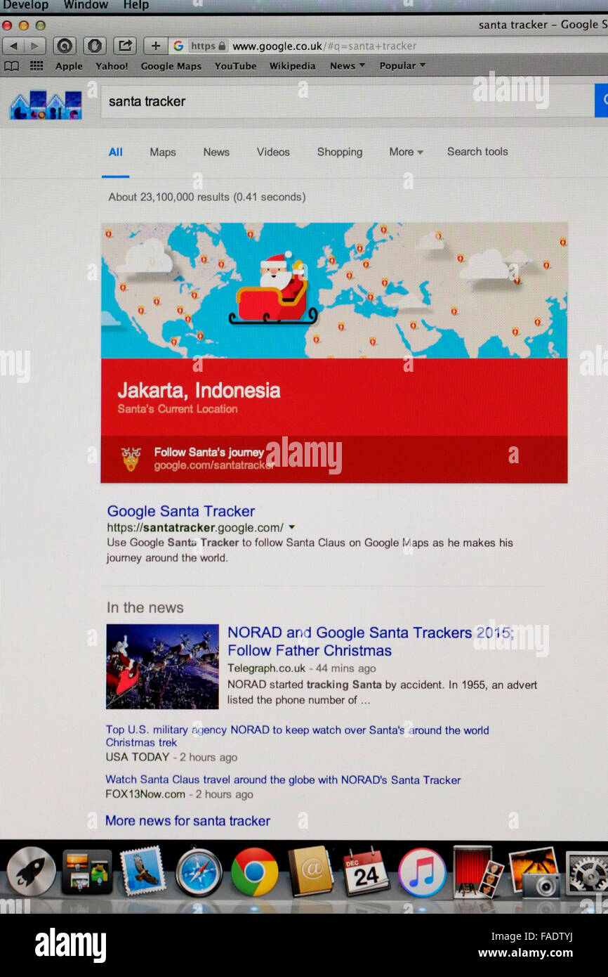 Screenshot von Santa Tracker zeigt seinen Standort am Heiligabend als Jakarta Indonesien Stockfoto