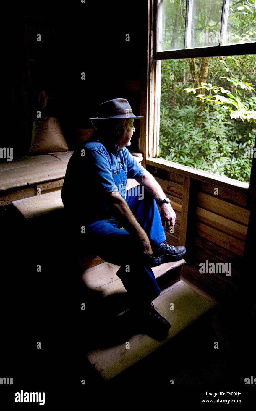 Handwerk-Person zeigen wie man Maismehl Mingus Mill im Great Smoky Mountain National Park, North Carolina, USA. Stockfoto