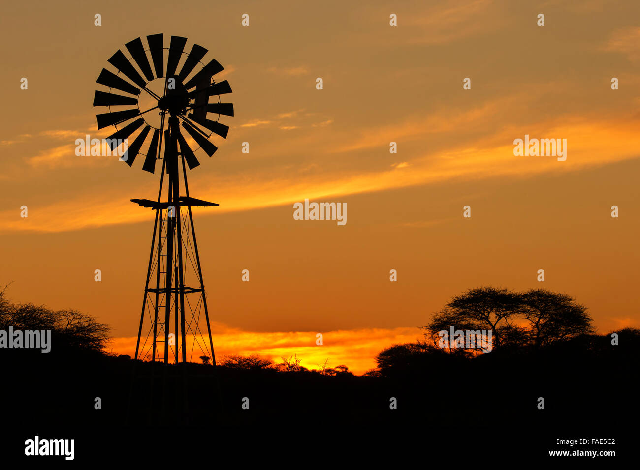 Sonnenuntergang mit Wind Pumpe, Südafrika Stockfoto