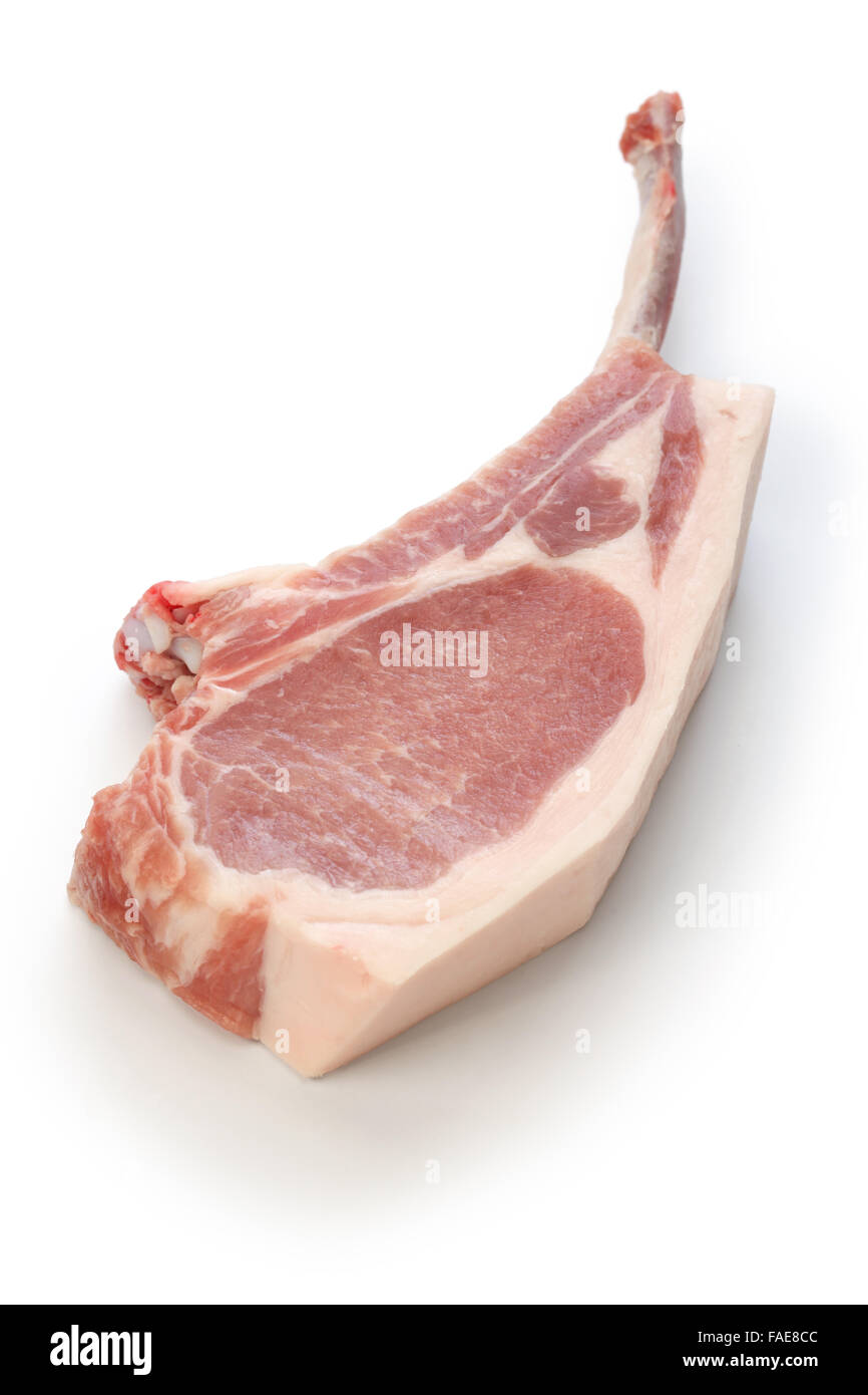 roher französischer Schnitt Schweinekotelett isoliert auf weißem Hintergrund Stockfoto