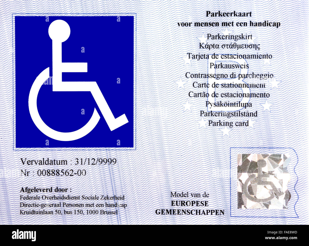 EU-Parkausweis für Menschen mit Behinderungen – Blue Badge – ist in der EU und EWR standardisiert. Stockfoto