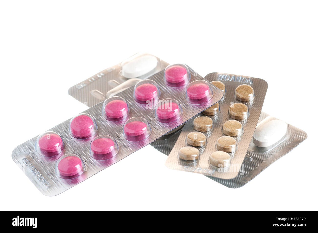 Packungen mit Pillen isoliert auf weißem Hintergrund Stockfoto
