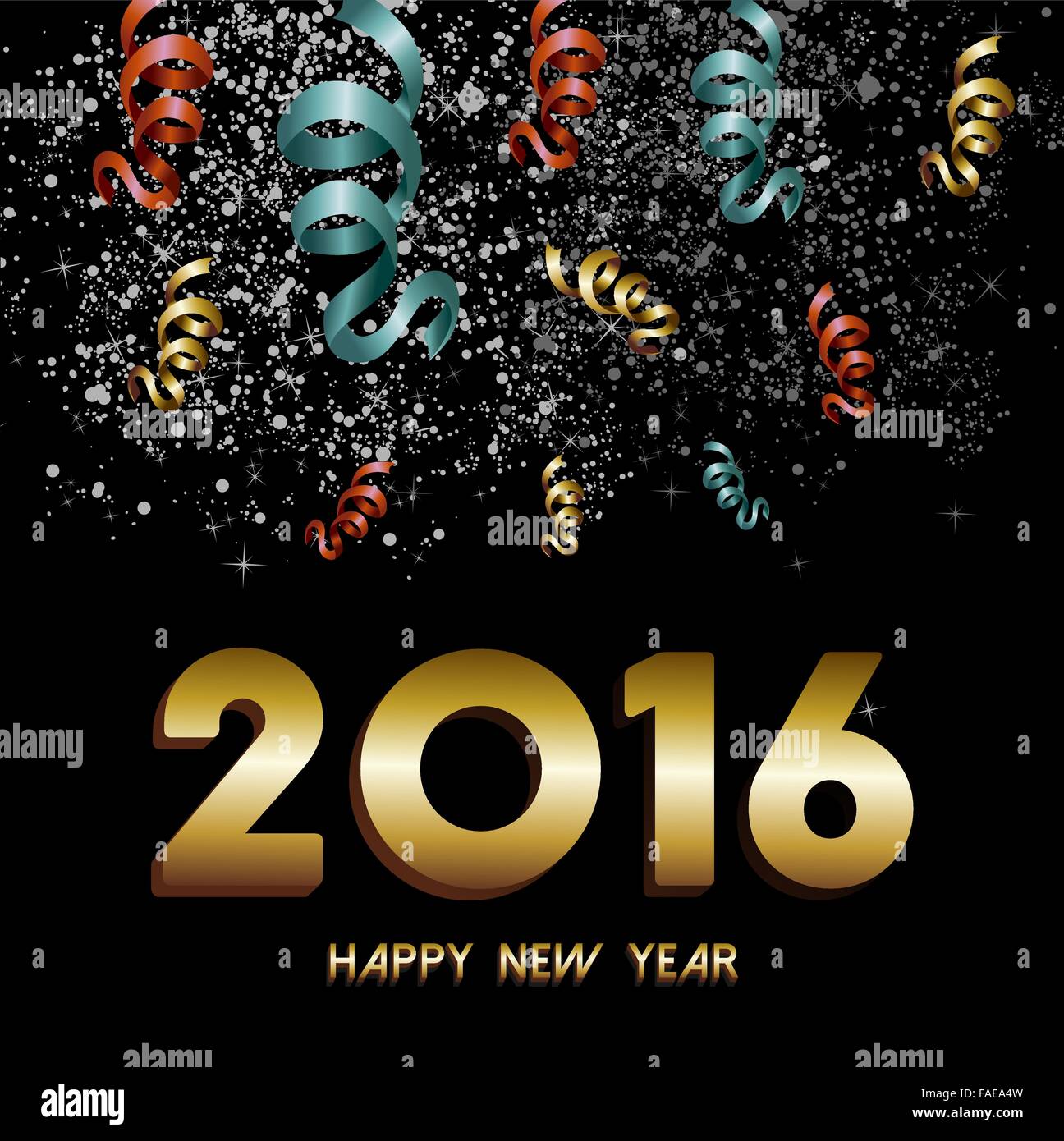 Glückliches neues Jahr 2016 Grußkarte, gold Text mit Nacht Feuerwerk und Konfetti Explosion Himmelshintergrund. EPS10 Vektor. Stock Vektor