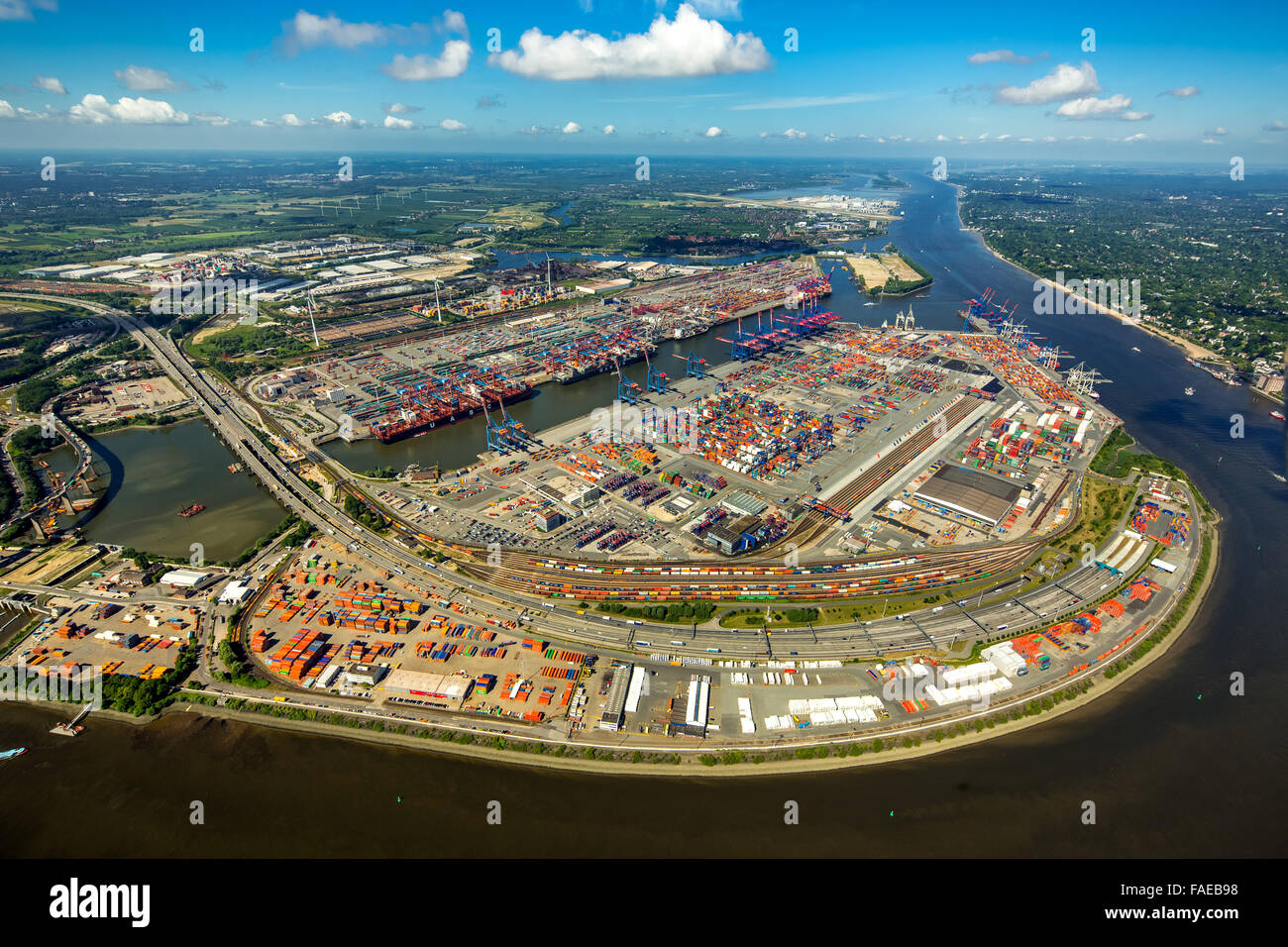 Luftaufnahme, Container-Hafen Hamburg, CTA, Container Terminal Altenwerder, Hamburg-Altenwerder, Hamburg-Hafen, Elbe, Hamburg, Stockfoto