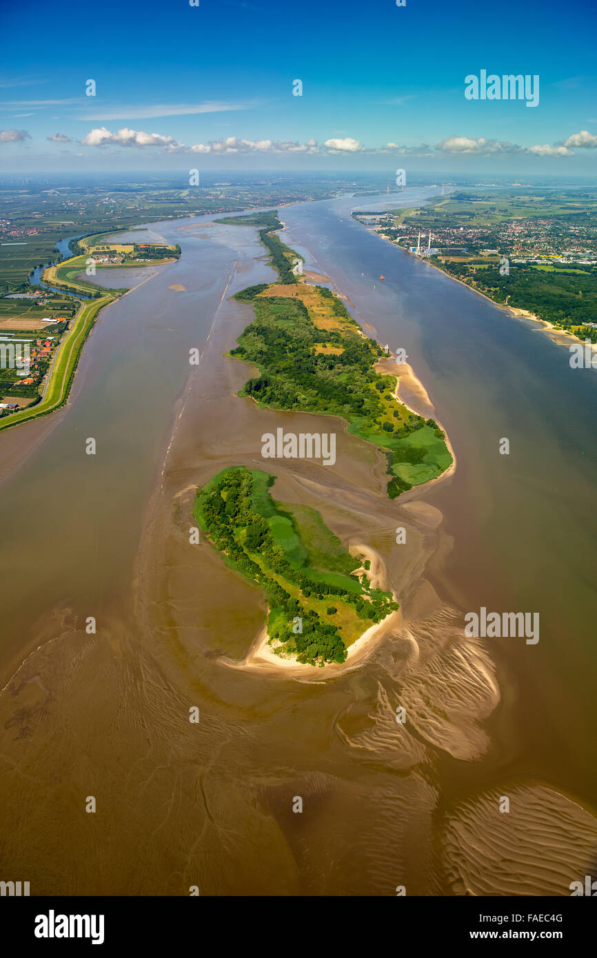 Luftaufnahme, Elbe, Gezeiten Bäche bei Ebbe auf Halbleder Sand eine Insel in der Elbe bei Wedel und Jork, Wedel, Niedersachsen, Stockfoto