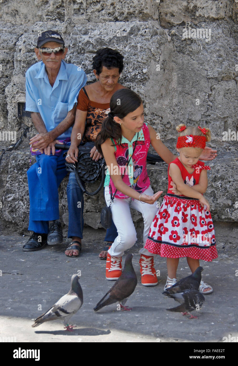 Kinder und Großeltern füttern Tauben in Plaza de San Francisco, Habana Vieja (Altstadt), Kuba Stockfoto