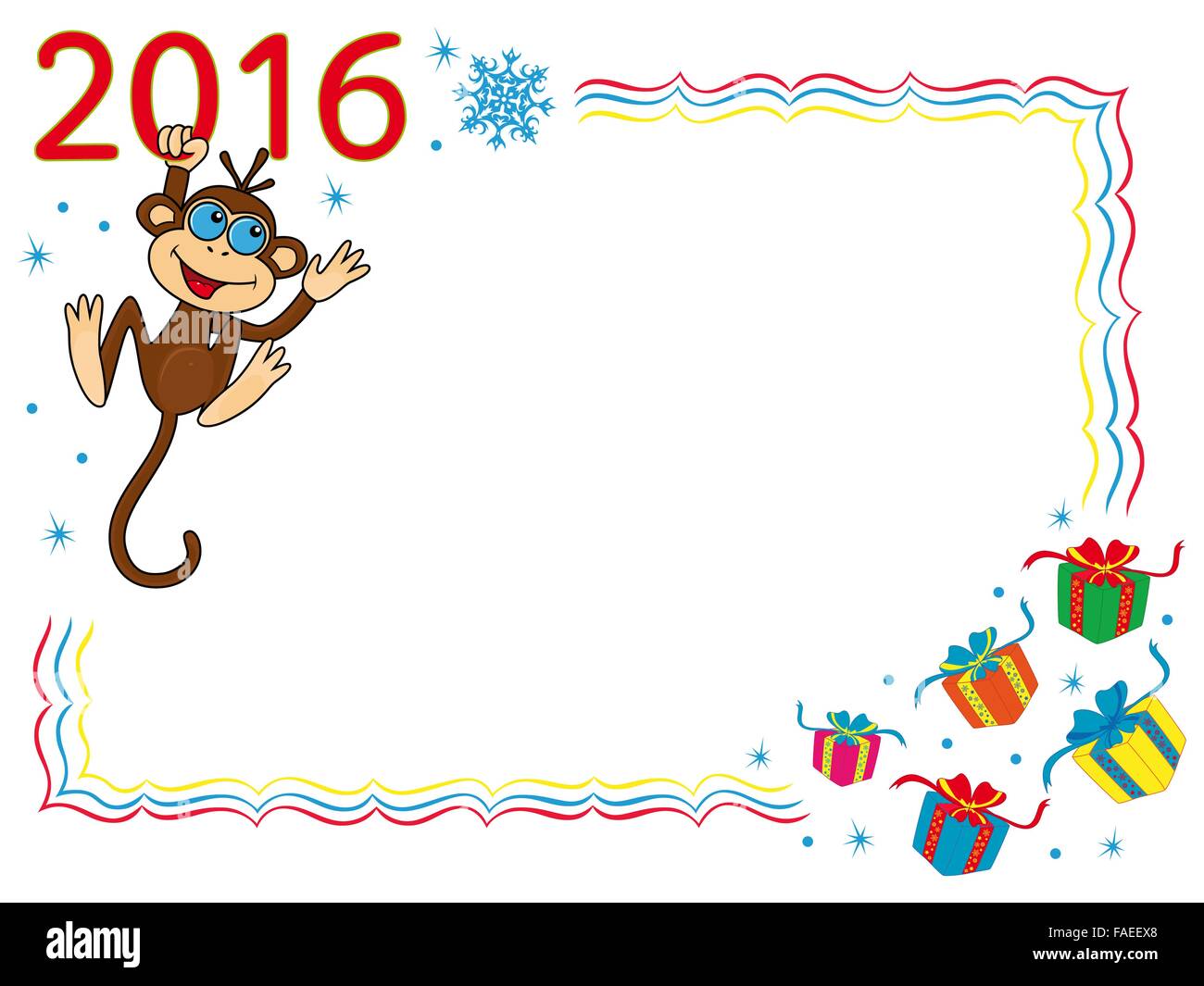 Grußkarte mit lustigen Affen, die für die Stelle der Inschrift 2016 hält und hängt es Cartoon Vektorgrafiken auf den wint Stock Vektor